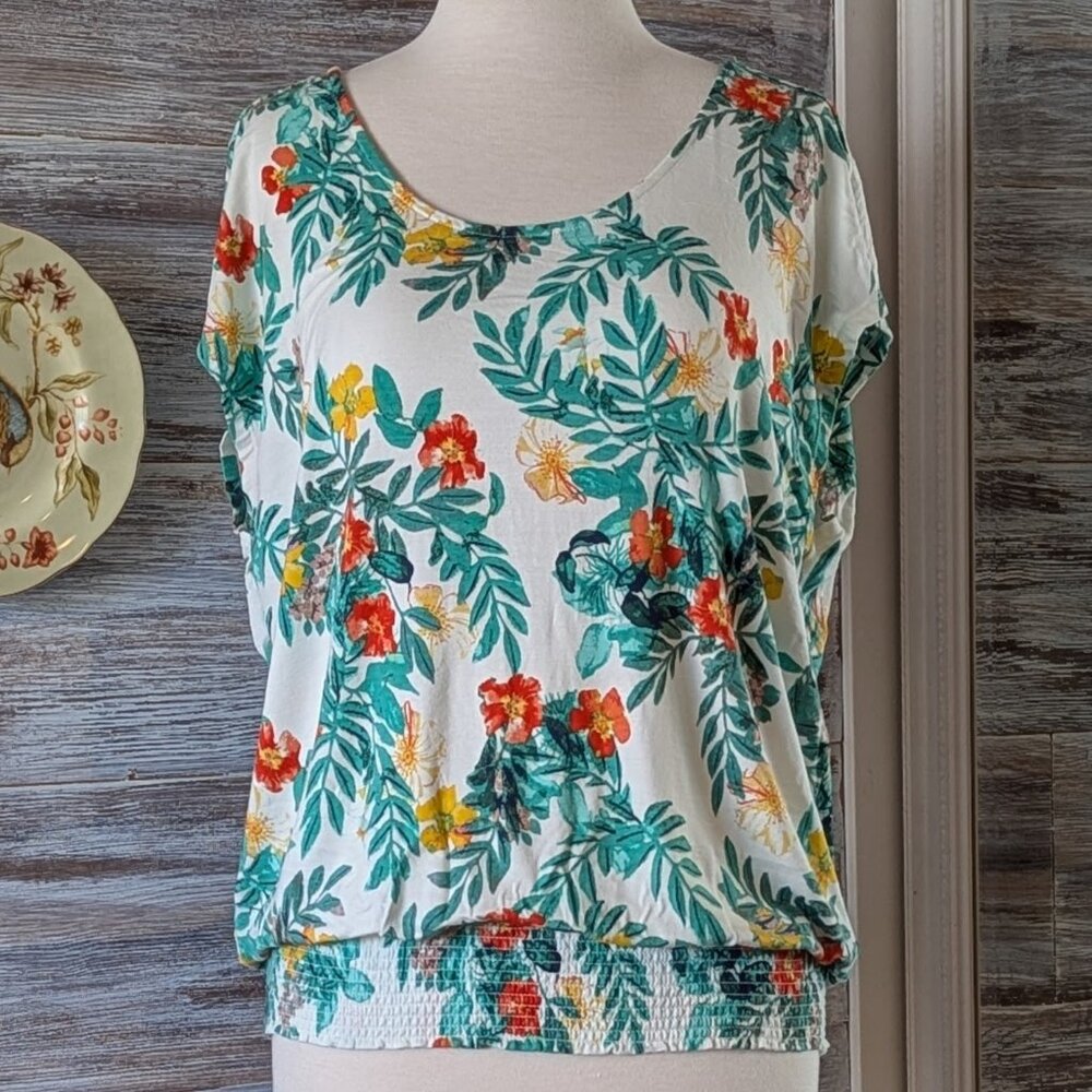 Rose+Olive Tropical Jersey Knit Smocked Banded Elastic Waist Top